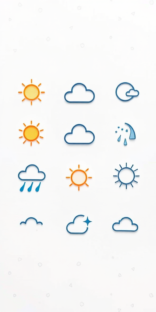 Create a minimalist design featuring various weather icons such as sun, clouds, rain, snow, and wind, using a soft color palette with a white background, captured with a Canon EOS R5 at f/8, ISO 100, 50mm lens in a flat lay style for clarity and detail.