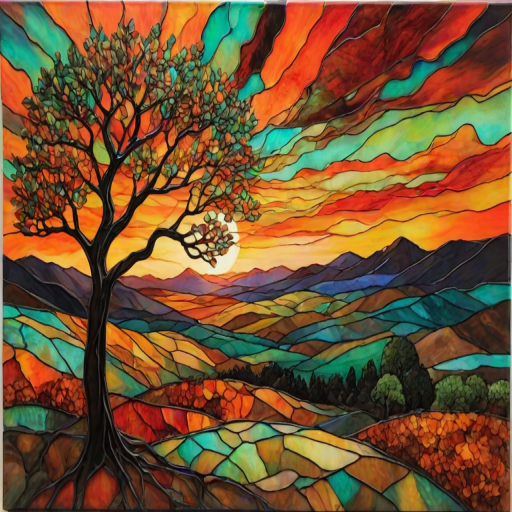 A vibrant abstract painting on Tiffany Glass, blending acrylic and alcohol ink techniques, captures a dramatic sunset over rolling hills. The artwork features a textured, rocky foreground in green and brown, layered abstract hills, and a striking sunset in rich oranges, yellows, and reds. A solitary black tree with intricate branches contrasts against the fiery sky, creating a dynamic and expressive portrayal of a breathtaking natural scene.
