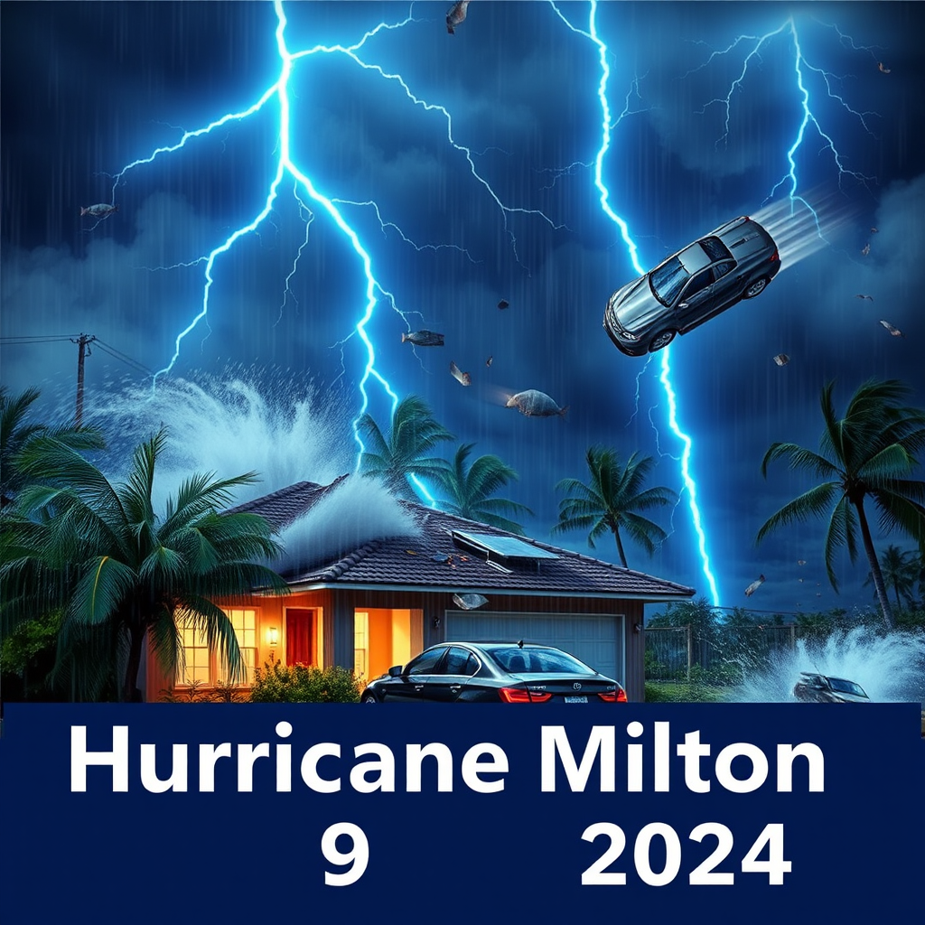 Hurricane Milton blows a roof off a home. Strong winds and rain blows sideways. Palm trees uprooted and bent over. Cars flying through the sky with debris. Sky is dark with thunder storms. Lightning strikes are fluorescent blue. Add text Hurricane Milton 2024