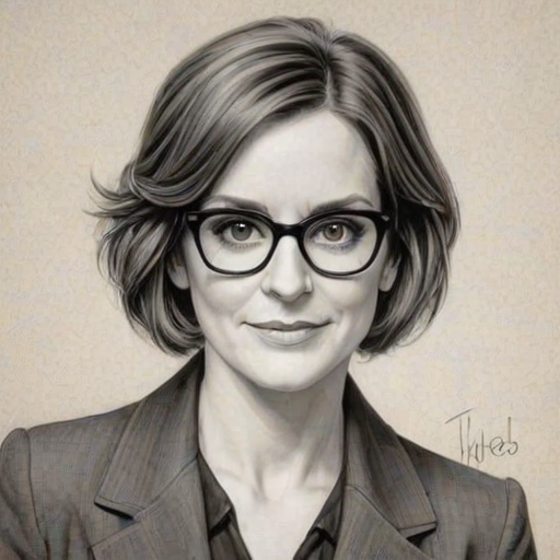 Delightful Tina Fey, pencil sketch, portrait of Fetching woman 1923s in glasses, hair style beatnik, outline, clear lines, fine lines, 8k