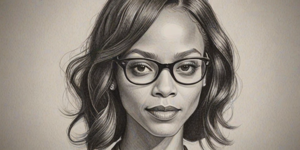 Appealing Zoe Saldana, pencil sketch, portrait of Graceful woman 1920s in glasses, hair style beatnik, outline, clear lines, fine lines, 8k