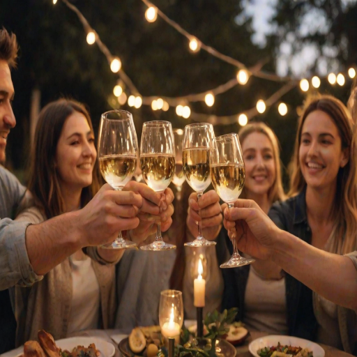 Warmly lit, close-up photo of a group of friends toasting glasses of wine at an outdoor dinner party, soft golden light illuminating their smiles, with fairy lights twinkling in the background.