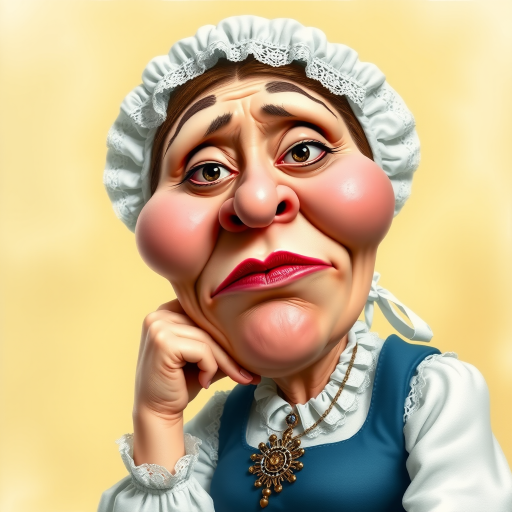 The image is a caricature of a woman with exaggerated features. She is wearing a white bonnet with lace trim and a white blouse with a blue bodice. She is leaning her chin on her hand with a bored or tired expression. Her lips are full and pouty, her cheeks are round and puffy, and her eyes are wide and slightly crossed. Her nose is long and thin, and her brows are furrowed. She is wearing a necklace with a large, ornate pendant. The background is a soft, blurry yellow. The overall effect is humorous and slightly grotesque.
