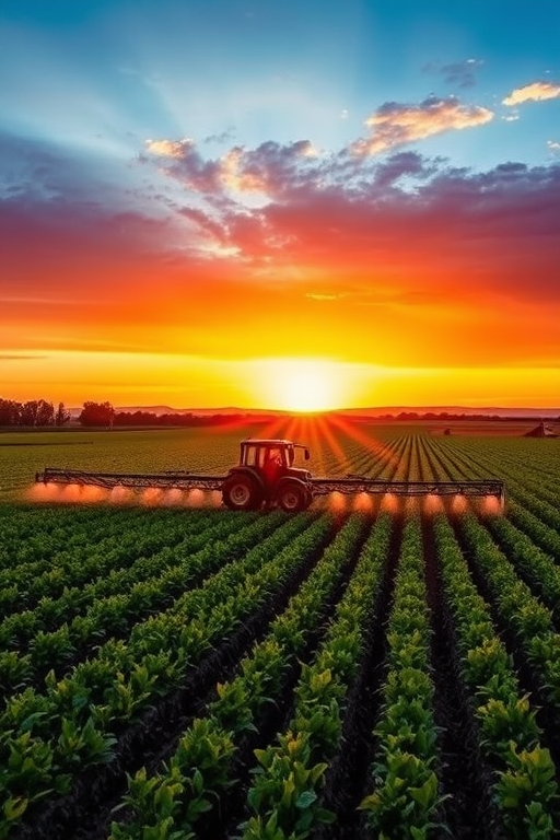 Capture a vibrant sunset over a fertile field with a tractor spraying crops, using a DSLR camera at f/8, ISO 200, shutter speed 1/200s, in landscape orientation with a wide-angle lens for enhanced depth and clarity.