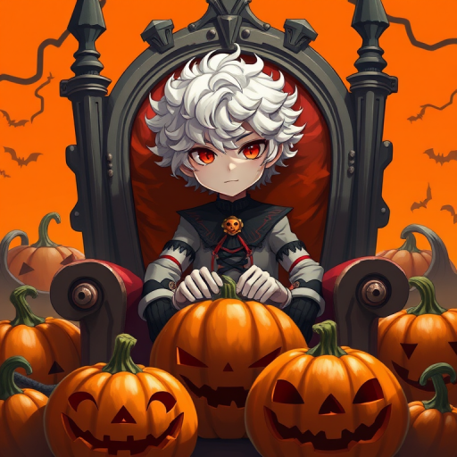 Create a high-resolution digital illustration of a character with white curly hair and red eyes sitting in a throne surrounded by carved pumpkins, set against an orange backdrop, shot with a 50mm lens at f/1.8, using a DSLR camera, in vibrant colors and detailed textures.
