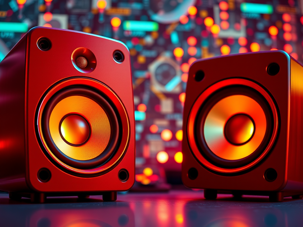 high-resolution image of illuminated speakers with a digital background, featuring vibrant colors and glowing effects, shot with a DSLR camera at ISO 100, f/2.8 aperture, 50mm lens, and a 1/60 sec shutter speed, in a medium shot perspective, with a focus on sharp detail and contrast.