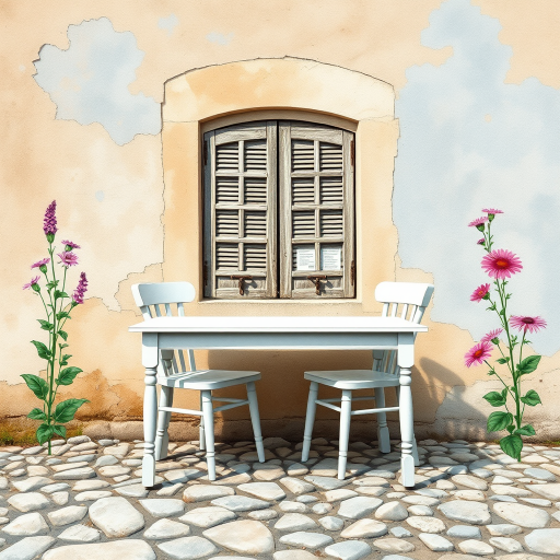 Create an amazing realistic watercolor image, The background is a crumbling wall beige and pale blue with the old wooden window. front of the wall has an old white table with two chairs. The soil is stones. Both of side of the image amazing flowers visible.