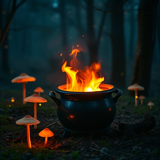 A mystical cauldron bubbling with vibrant flames in a misty forest surrounded by glowing mushrooms and sparkling lights, captured with a Canon EOS R5, 50mm lens, f/1.8 aperture, ISO 200, soft focus background, twilight setting for an enchanting atmosphere.