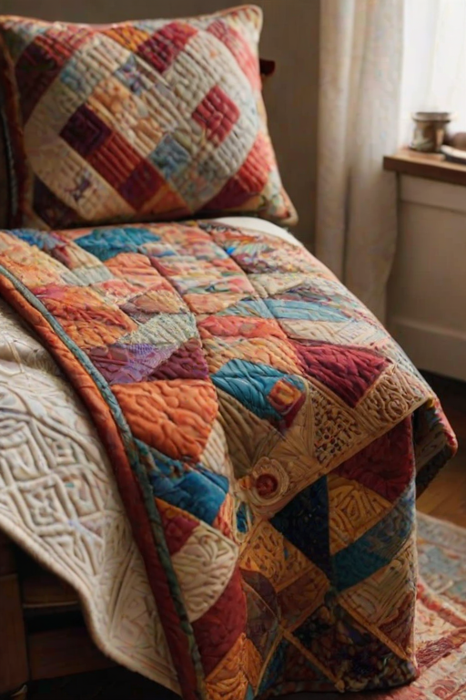 Close-up of an intricate handmade quilt, showcasing vibrant patterns and textures, draped over a cozy chair in a softly lit room, inviting warmth and comfort.