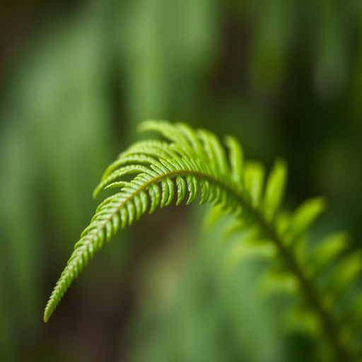 macro shot of a green fern leaf with a blurred background using a Canon EOS 5D Mark IV, f/2.8 aperture, ISO 200, 50mm lens, natural light, shallow depth of field