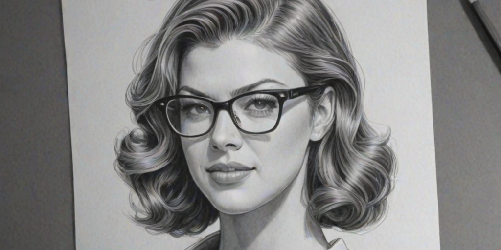 Attractive Adrianne Palicki, pencil sketch, portrait of Graceful woman 1954s in glasses, hair style beatnik, outline, clear lines, fine lines, 8k