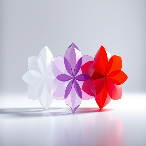 Create a high-resolution image of three overlapping geometric shapes resembling flowers, one white, one purple, and one red, captured with a DSLR camera using a 50mm lens, aperture set to f/2.8, ISO 100, in a bright studio lighting environment, with a shallow depth of field to enhance the clarity of the shapes against a soft blurred background.