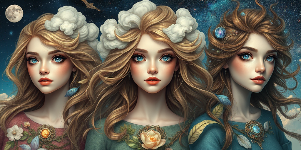 Create a series of imaginative portraits where each subject is infused with elements of fantasy and nature. The hair of the individuals should flow like clouds, varying from soft, fluffy cumulus to wispy cirrus strands, with hints of color reflecting a sunset or a clear blue sky. The eyes should be windows to entire galaxies, with stars, nebulae, and distant planets visible within them. Clothing should be adorned with nature motifs, such as floral patterns that bloom and change, vines that seem to grow and wrap around, or feathers that shimmer with iridescence. Each portrait should capture a unique personality, blending human features with the ethereal beauty of the natural and cosmic world. The backgrounds can vary, from starry night skies to enchanted forests, adding depth and context to the magical realism of the portraits