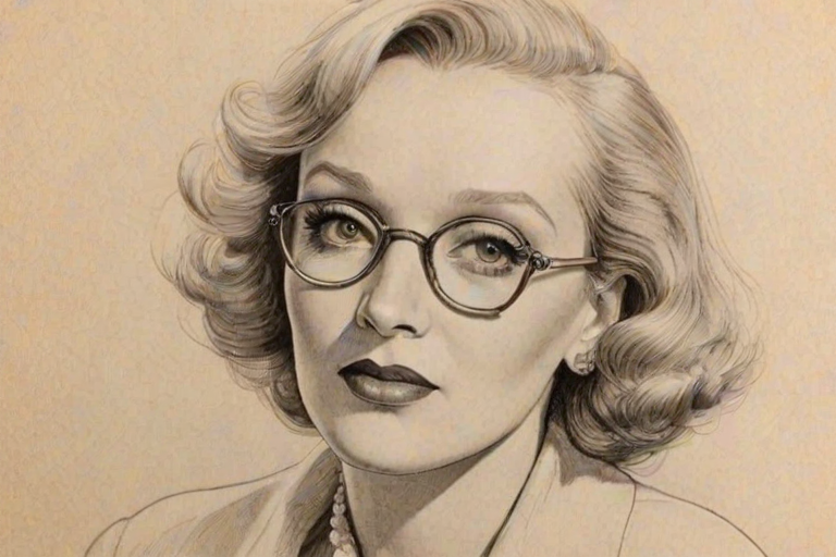 Attractive Marlene Dietrich, pencil sketch, portrait of Comely woman 1937s in glasses, hair style beatnik, outline, clear lines, fine lines, 8k
