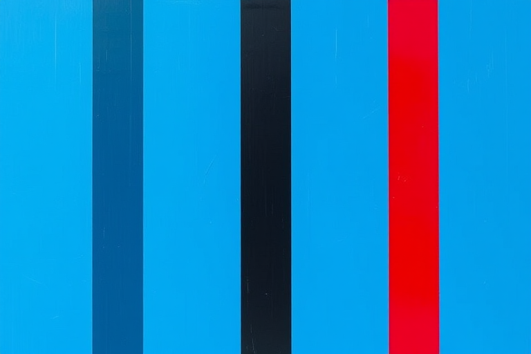 high contrast image of three vertical stripes in blue, black, and red, taken with a DSLR camera at f/8 aperture, ISO 100, 50mm lens, centered composition with natural lighting