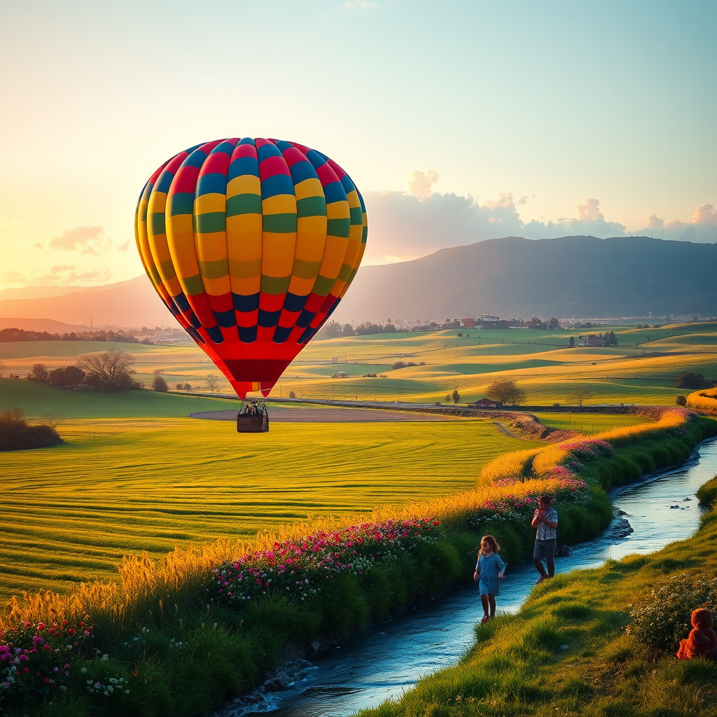 Create a vibrant landscape scene featuring a colorful hot air balloon flying over lush green fields at sunset, with children walking along a flower-lined riverbank, using a DSLR camera with a 35mm lens, aperture set to f/2.8, ISO 100, and a wide-angle view for enhanced depth and detail.