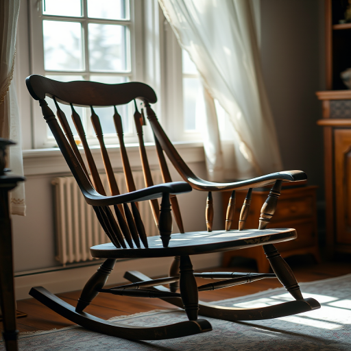 Vintage rocking chair in a cozy room, soft morning light filtering in, DSLR camera, f/2.8 aperture, 50mm lens, ISO 100, shallow depth of field, soft focus background, natural lighting.