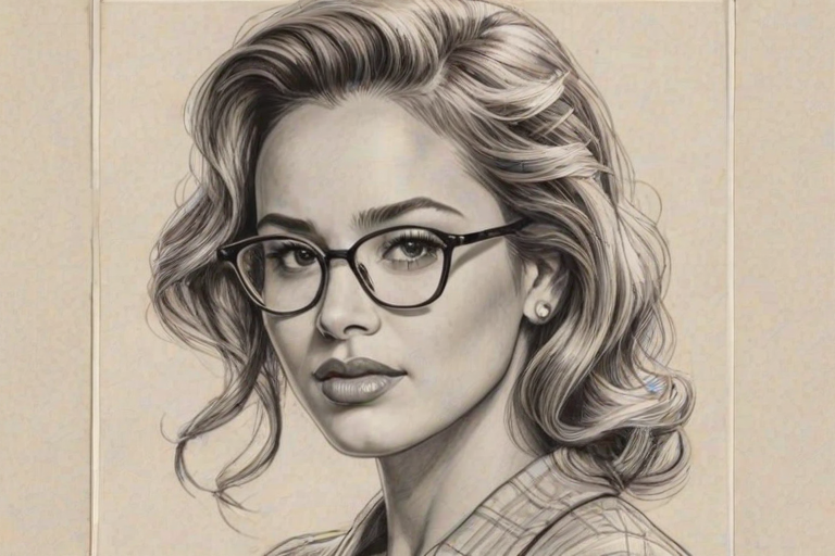 Graceful Zulay Henao, pencil sketch, portrait of Ravishing woman 1941s in glasses, hair style beatnik, outline, clear lines, fine lines, 8k