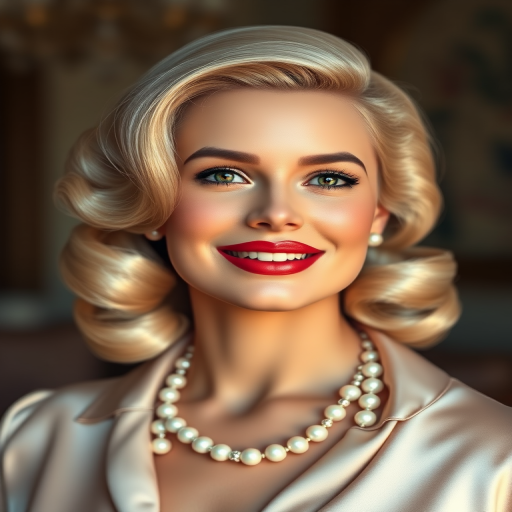 A beautiful Maya woman reminiscent of 1950s Hollywood glamour, with perfectly styled blonde hair and a seductive smile, dressed in a satin blouse and adorned with pearls, soft and warm tones, photorealistic, 8K
