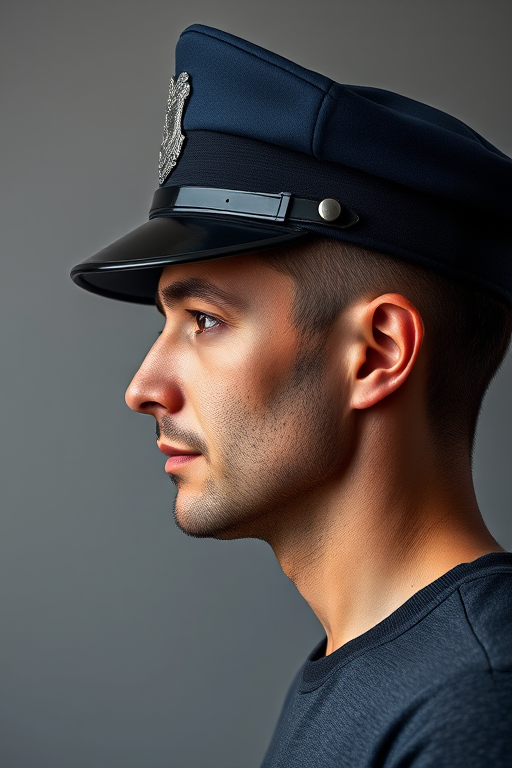 Regenerate an image of a male in profile wearing a police hat against a soft gray background, using a Canon EOS 5D Mark IV, 50mm lens, f/1.8 aperture, 1/200s shutter speed, ISO 200, natural lighting for enhanced detail and depth.