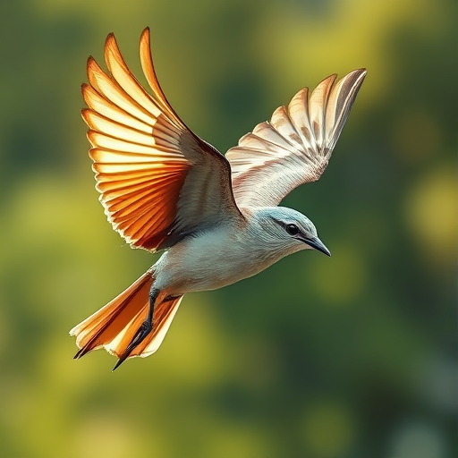Create a detailed illustration of a bird in flight, with emphasis on feather textures and dynamic wing motion, using a DSLR camera with a 50mm lens, aperture f/2.8, shutter speed 1/1000s, and a natural light setting to enhance image quality.