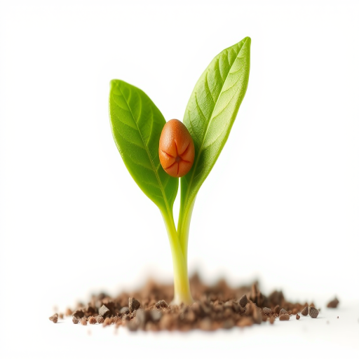 generate a highly detailed illustration of a seedling with two green leaves and a brown seed, using a macro lens, f/2.8 aperture, 1/200 sec shutter speed, and a shallow depth of field to enhance the clarity and vibrancy on a plain white background.