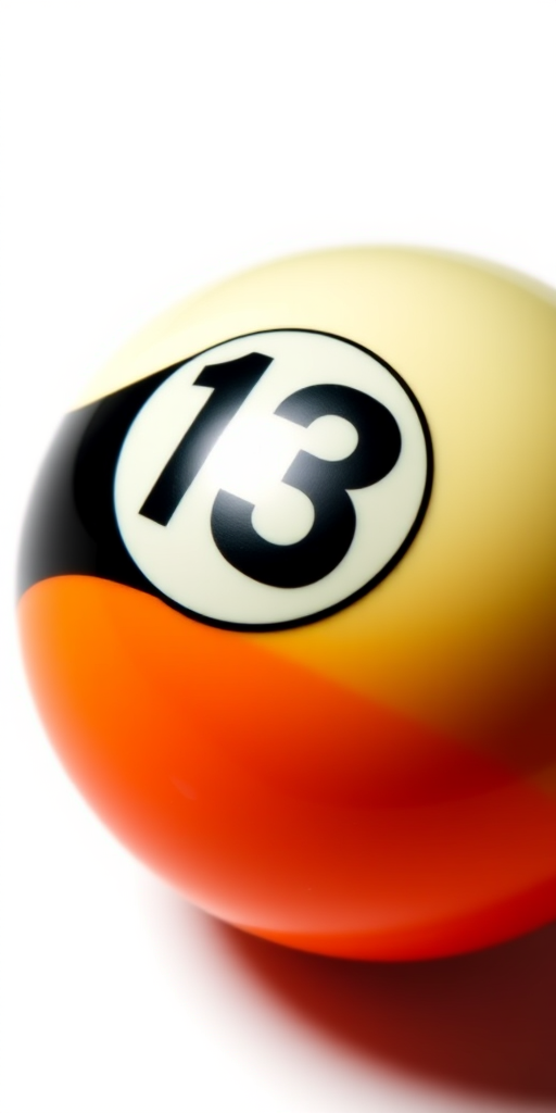 Create a high-resolution image of a billiard ball with the number 13, using a DSLR camera, 50mm lens, f/2.8 aperture, ISO 100, and soft lighting, with a clean white background and slight shadow for depth.