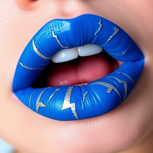 Electric blue lips with lightning bolt patterns in silver, named "Thunderstruck," make a dramatic statement with a matte finish and subtle glitter for edgy music festivals