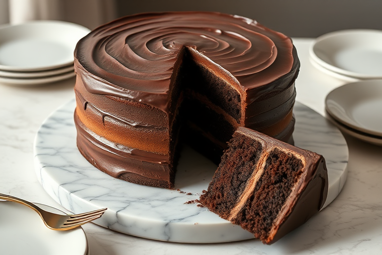 A rich chocolate cake with smooth chocolate frosting on a marble platter, a slice cut out revealing the moist interior, surrounded by elegant plates and a blurred background of soft, neutral tones.