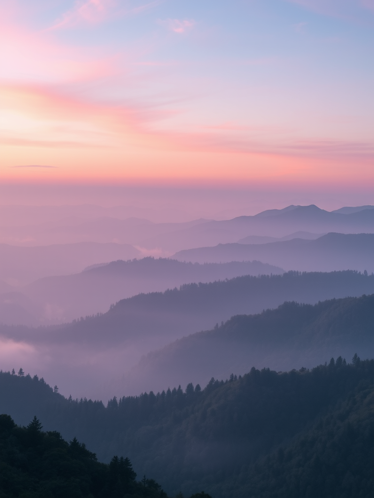 Create a serene misty landscape at dawn with layered mountains and soft pink and purple hues in the sky, shot with a Canon EOS R5, 24mm lens, f/8 aperture, ISO 100, 1/125 sec shutter speed, using a wide-angle perspective for enhanced depth and clarity.