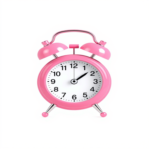 Create an illustration of a pink alarm clock with a white face, featuring two bells at the top, positioned at 3 o'clock, with a clean, minimalistic background, using a DSLR camera with a 50mm lens, aperture f/1.8, ISO 100, and natural lighting for enhanced clarity and detail.