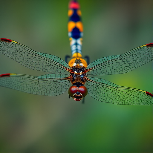 Create a vivid, high-resolution image of a dragonfly with a mosaic pattern, captured with a macro lens at f/2.8 aperture, ISO 100, and a shutter speed of 1/200s from a top-down angle, using a DSLR camera with vibrant color settings for enhanced detail and clarity.