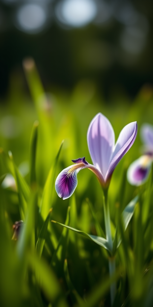 capture a close-up of a purple and white flower in a lush green field with a shallow depth of field, aperture f/2.8, ISO 100, 50mm lens, natural lighting, macro photography style, full frame camera