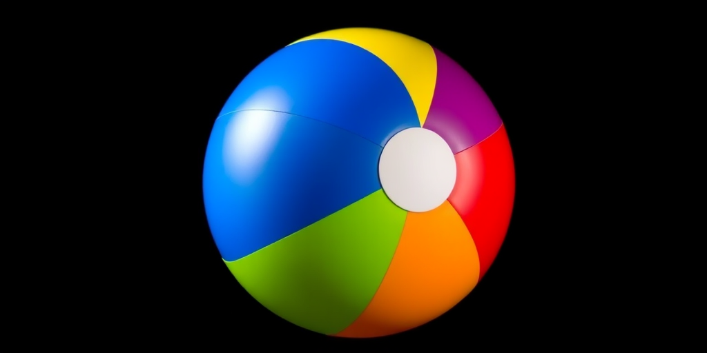 Generate a vibrant beach ball with distinct colored sections (yellow, blue, red, green, purple, and orange) on a solid black background, captured with a Canon EOS 90D, 50mm lens, f/2.8 aperture, ISO 100, using soft lighting for enhanced color depth and detail.