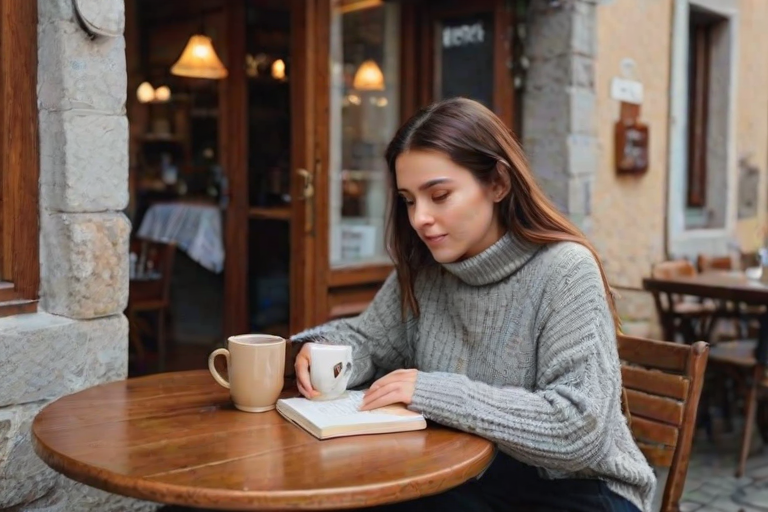 Quaint cafe in a small European village, the cobblestone street quiet in the early morning, a woman in a cozy sweater sits at a bistro table with a cup of coffee and an open book.