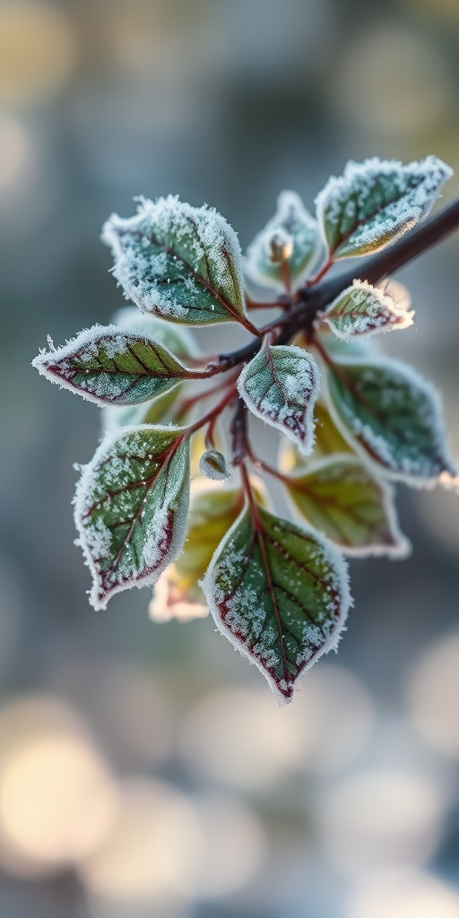 frost-covered leaves on a branch, shallow depth of field, soft natural lighting, ISO 200, f/2.8, 1/200s, macro lens, DSLR, focus on the texture of the frost