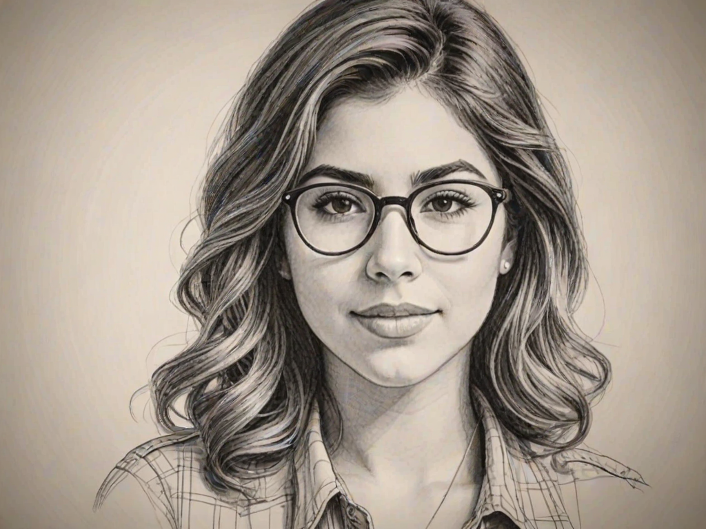 Comely Daniella Monet, pencil sketch, portrait of Lovely woman 1943s in glasses, hair style beatnik, outline, clear lines, fine lines, 8k