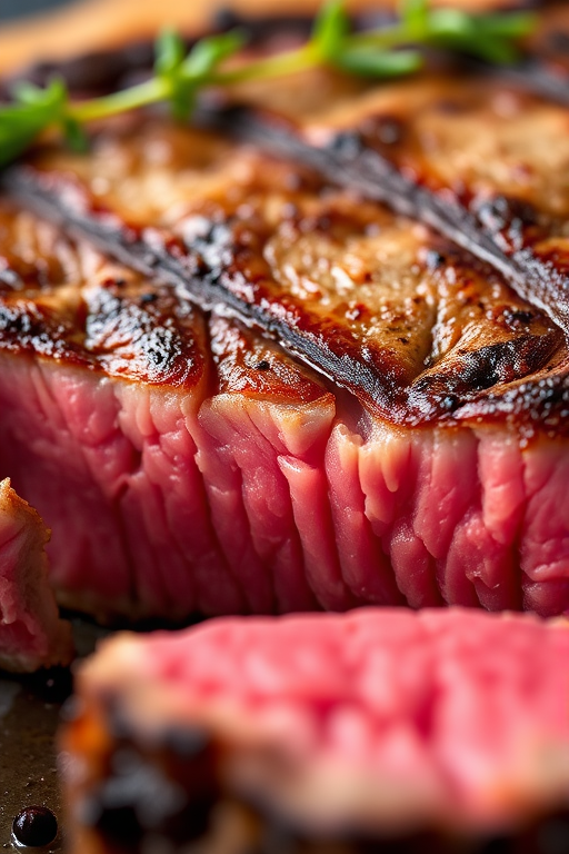 high-quality close-up of medium-rare steak with a golden-brown crust and juicy pink interior, captured with a Canon EOS 5D Mark IV, 50mm f/1.8 lens, ISO 100, aperture f/2.8, natural light, shallow depth of field.