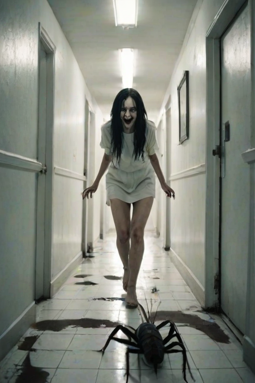 a crooked female with long arms and a creepy smile is crawling along a long white corridor and you can also see cockroaches in it there is a creepy atmosphere creepy art style