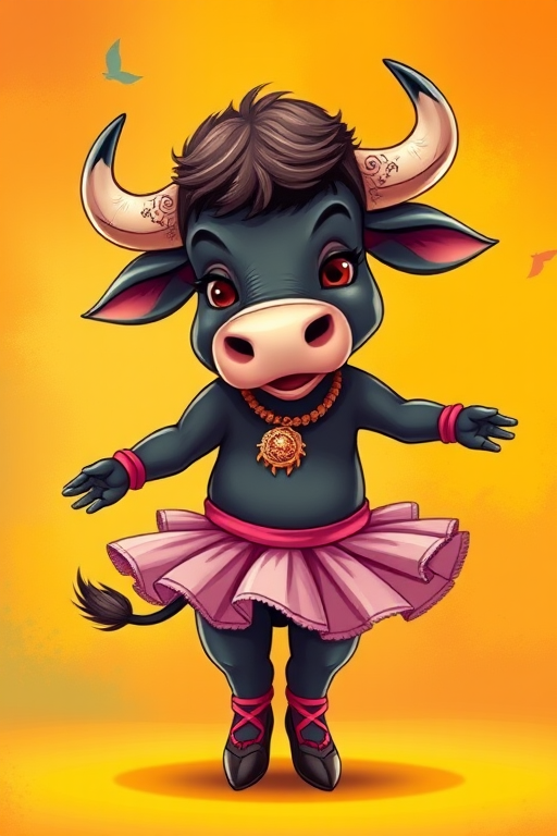 Create a vibrant, high-resolution illustration of a cartoon animal character resembling a dancing buffalo in a ballet outfit, use a DSLR camera with a 50mm lens at f/1.8, shot from a frontal view, with a bright, colorful background to enhance the character's features.