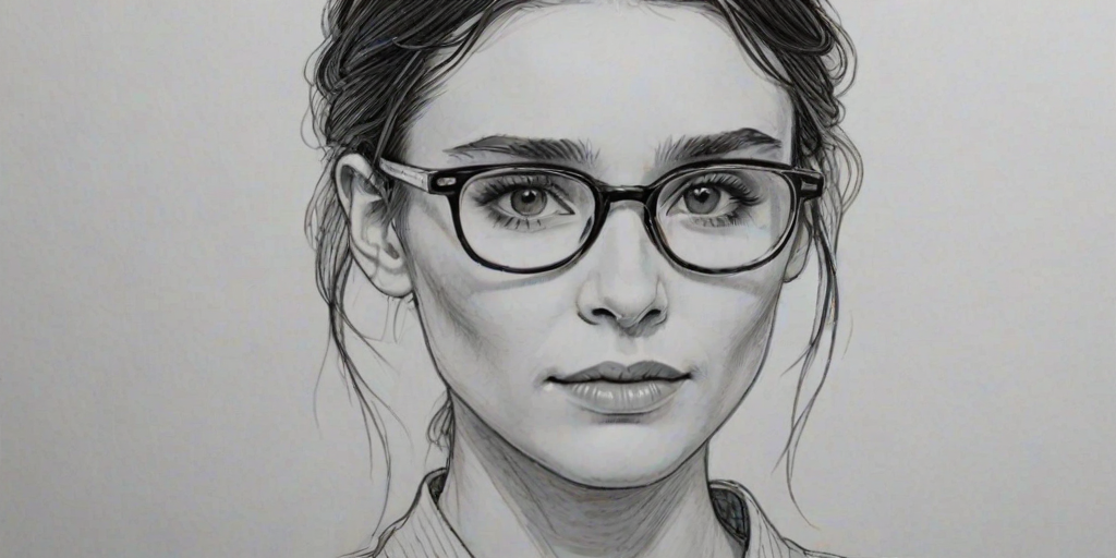 Lovely Rooney Mara, pencil sketch, portrait of Captivating woman 1965s in glasses, hair style beatnik, outline, clear lines, fine lines, 8k