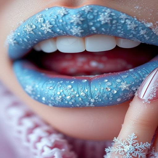 Frosty ice blue lips sparkle with tiny crystals, evoking a winter wonderland aesthetic and adding a touch of magic to any beauty look