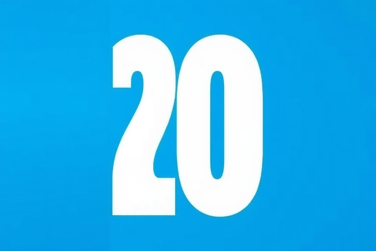 Create an image featuring a large, bold number 20 in white against a vibrant blue background, captured with a Canon EOS 5D Mark IV at f/2.8, ISO 100, with a wide-angle lens in a centered composition for a clean and modern look.