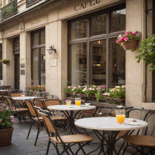 Soft-focus image of a quaint cafeterrace in Paris, with tables set for breakfast, soft morning light casting gentle shadows, and flowers blooming in window boxes.