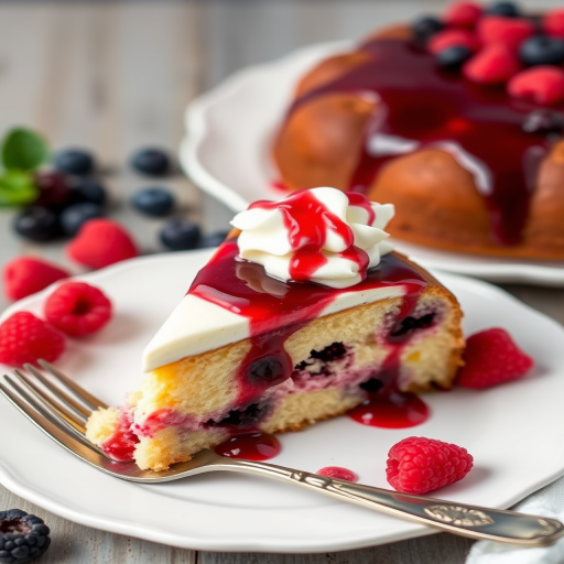 A slice of berry cake on a white plate topped with whipped cream and berry sauce, surrounded by fresh raspberries and blueberries, with a vintage fork beside it and a whole cake in the background.
