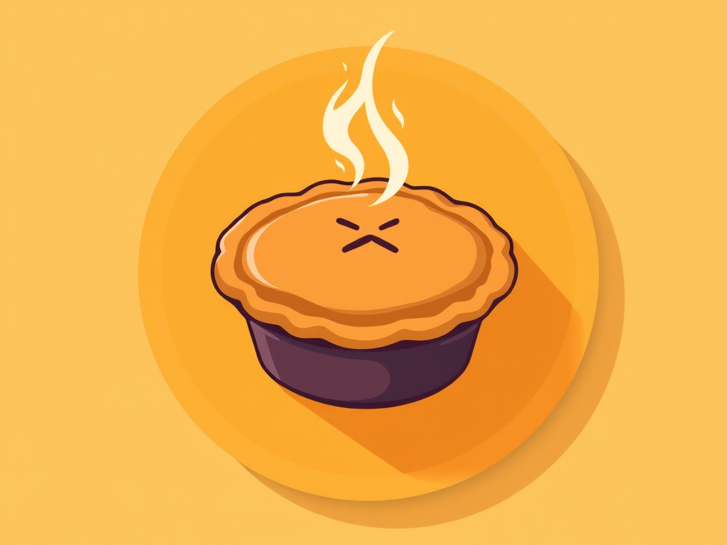 design a vibrant flat-style illustration of a steaming pie in a circular badge format, with a warm yellow background and brown accents, shot with a DSLR camera at f/4 aperture, ISO 100, 35mm lens, top-down view for clarity and detail