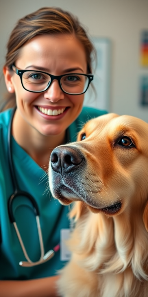a close-up shot of a smiling veterinarian with glasses and a golden retriever dog, taken with a Canon EOS R5, 50mm lens, f/1.8 aperture, ISO 100, natural lighting, shallow depth of field to create a soft background blur, warm colors for an inviting atmosphere