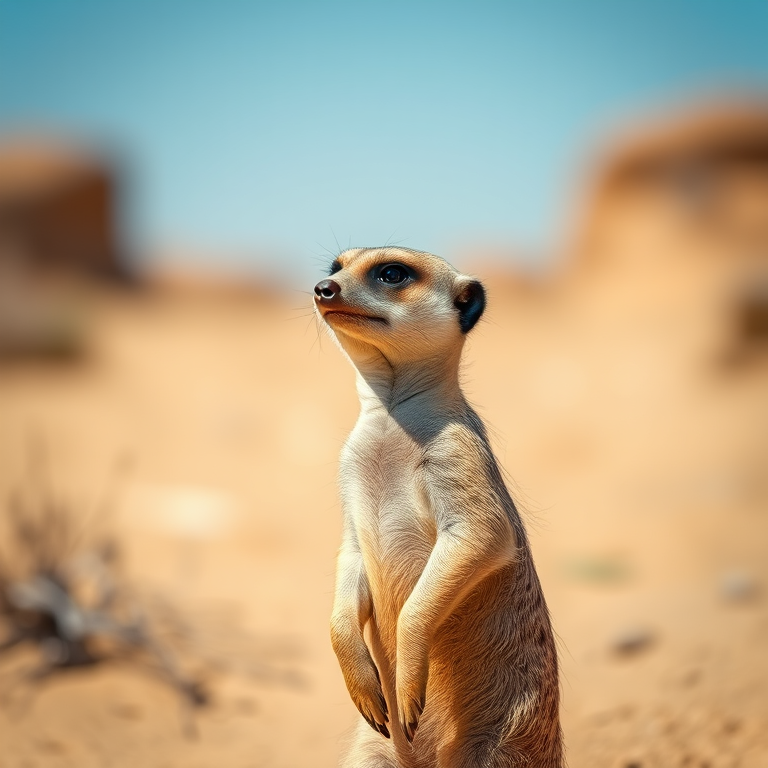 meerkat standing alert in desert surroundings, shallow depth of field, soft natural lighting, 50mm f/1.8 lens, ISO 200, aperture f/2.8, shutter speed 1/250s, DSLR camera, close-up view