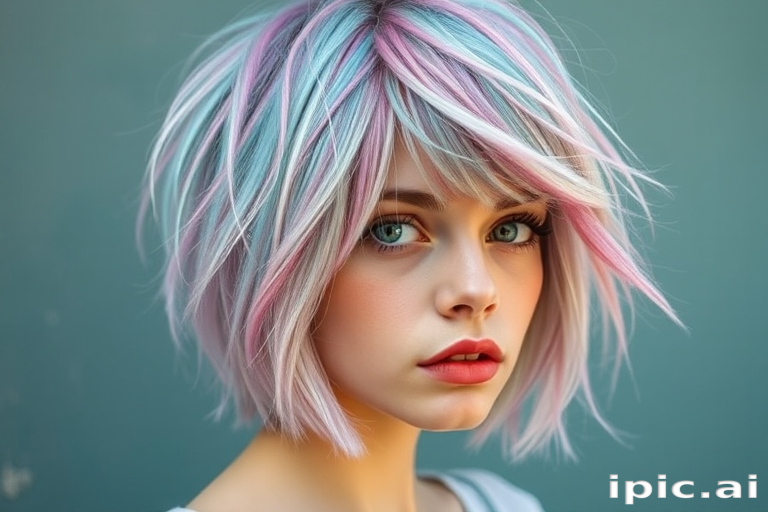 Whimsical artist with a tousled, shoulder-length shag haircut featuring choppy layers and a mix of pastel pink and blue streaks