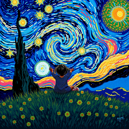 A young girl sitting on a grassy hill, looking up at the starry night sky painted in the style of Vincent Van Gogh's famous "Starry Night". The entire image is composed of tiny dots, giving it a dreamlike and illusionary quality. The girl is surrounded by vibrant colors and swirls in the sky, with stars twinkling above her